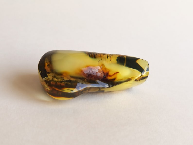 May include: A yellow amber stone with a small insect trapped inside. The stone is smooth and polished, with a dark brown border.