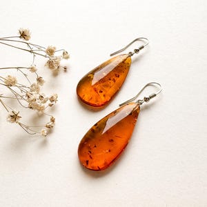 Può includere: Un paio di orecchini a goccia in ambra con ganci color argento. Gli orecchini sono di colore arancione-marrone traslucido, con inclusioni visibili. Delicati fiori bianchi sono disposti vicino agli orecchini.