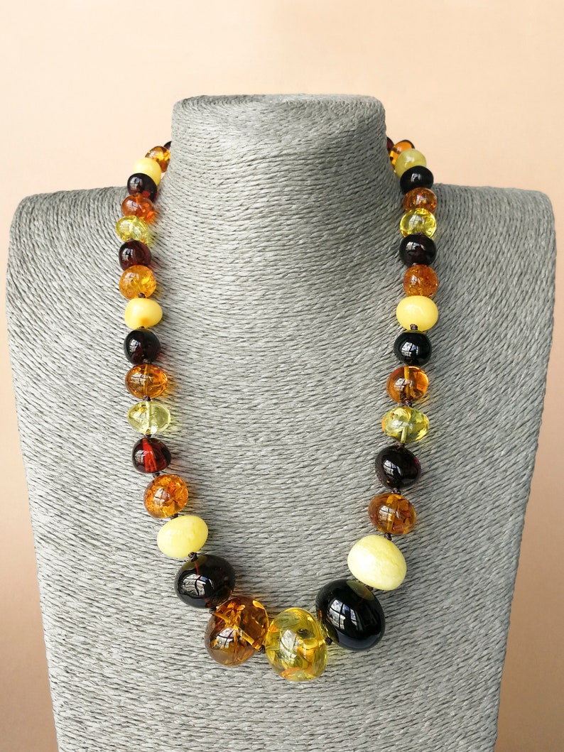 Natural Baltic amber multicolor round beads necklace genuine mix color rondelle nuggets shape details jewelry large size summer statement