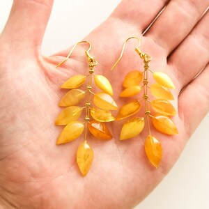 Light wire light yellow amber earrings, flower leaf earrings, butterscotch amber and brass gold plated, milky long amber earrings for her image 3