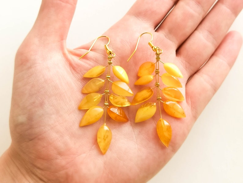 Light wire light yellow amber earrings, flower leaf earrings, butterscotch amber and brass gold plated, milky long amber earrings for her image 3