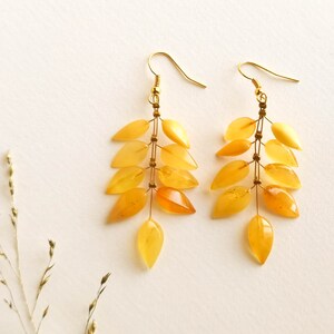 Light wire light yellow amber earrings, flower leaf earrings, butterscotch amber and brass gold plated, milky long amber earrings for her image 4
