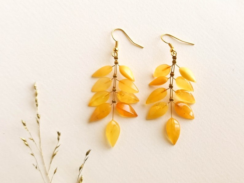 Light wire light yellow amber earrings, flower leaf earrings, butterscotch amber and brass gold plated, milky long amber earrings for her image 4