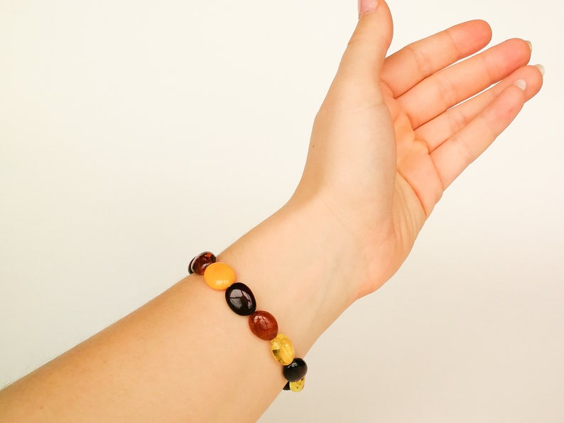 Mix color natural amber plums bracelet multicolor genuine amber beads everyday bracelet cognac lemon dark cherry black colors adjustable
