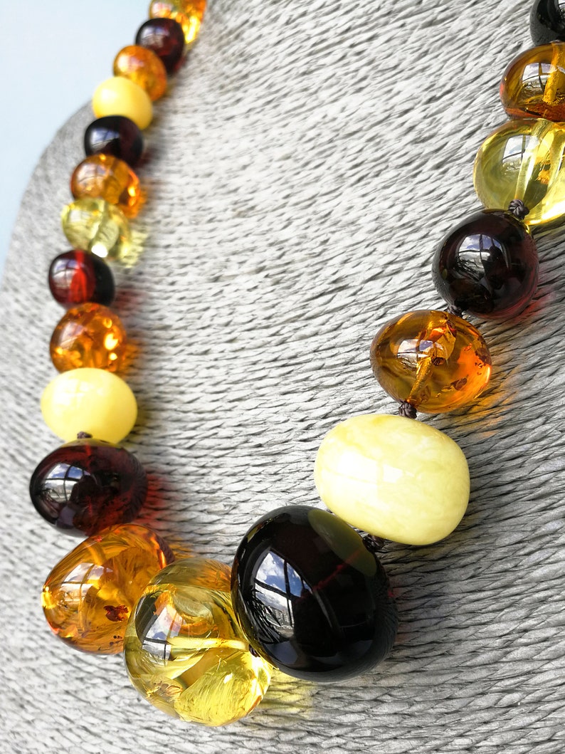 Natural Baltic amber multicolor round beads necklace genuine mix color rondelle nuggets shape details jewelry large size summer statement