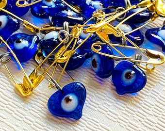 Mini Heart Blue Glass Evil Eye Charms with Safety Pin: Turkish Nazar Beads