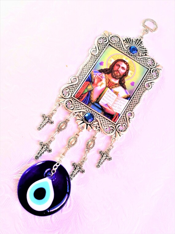 ORTHODOX CATHOLIC WALL TAPESTRY HANGING CHRIST JESUS EVIL EYE w CROSSES