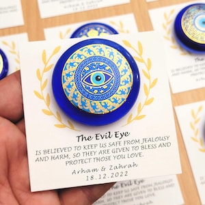 Gepersonaliseerde boze oog-magneetgunsten – gemengde ontwerpen, aanpasbare kaarten voor bruiloft, doop, babyshower, verjaardag, kerst