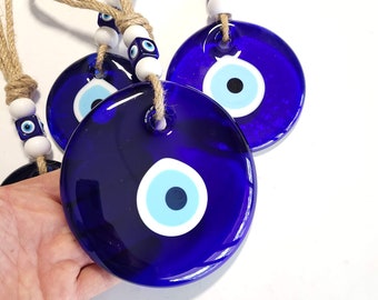 Large Glass Evil Eye Wall Hanging: Turkish Nazar Beads with Jute Rope