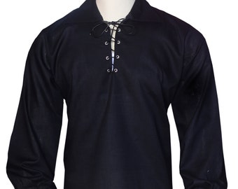 Men’s Scottish Jacobite Ghillie Kilt Highland Black Shirt Long Sleeve Lace Up Medieval Renaissance Pirate Costume