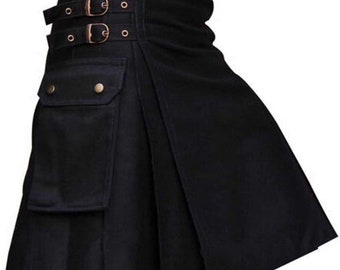 Men’s Black Utility Kilt, Antique Fashion,Cargo Pocket Utility Kilt Made of 100% Cotton.