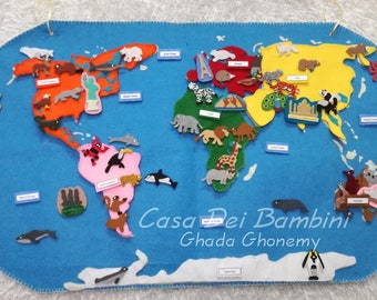 Montessori Continents of the world felt map, Geography Lesson, Educational Toys, Handmade Craft, Felt Activities, Gift For Toddler and kids