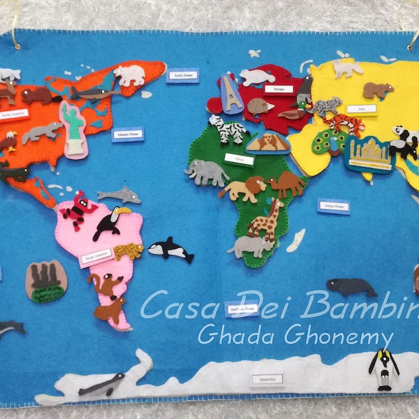 Montessori Continents of the world felt map, Geography Lesson, Educational Toys, Handmade Craft, Felt Activities, Gift For Toddler and kids