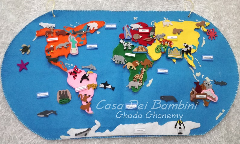 Montessori Continents of the world felt map, Geography Lesson, Educational Toys, Handmade Craft, Felt Activities, Gift For Toddler and kids image 1