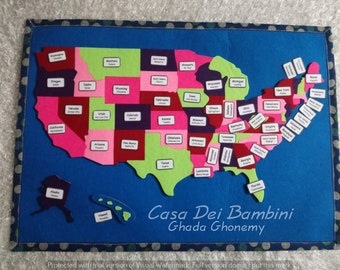 Montessori United States Of America Puzzle Map, Geography Lesson, Educational Toys, Handmade Craft, Gift For kids, Puzzle Games, felt map
