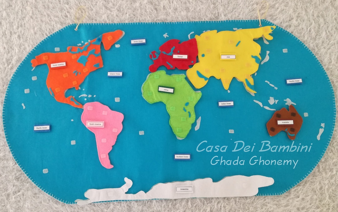 Carte des continents Montessori du monde en feutre, Leçon de géographie ...