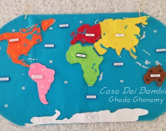Montessori Continents of the world felt map, Geography Lesson, Educational Toys, Handmade Craft, Felt Activities, Gift For Toddler and kids