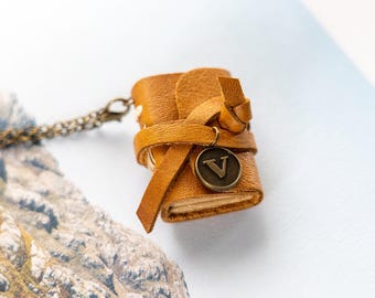 Miniature Leather Book Necklace: Personalized Initial, Bronze Charm