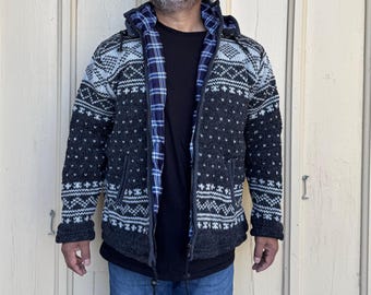 Wool hand knitted Sweater Jacket, Fleece lined, Unisex