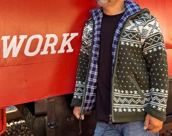 Wool hand knitted Sweater Jacket, Fleece lined, Unisex