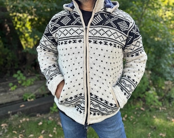 Wool hand knitted Sweater Jacket, Fleece lined, Unisex