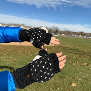 Wandelbare Handschuhe: 100% Wolle, handgestrickt, mit Fleece gefüttert, fingerlos, Flip-Handschuhe, Unisex