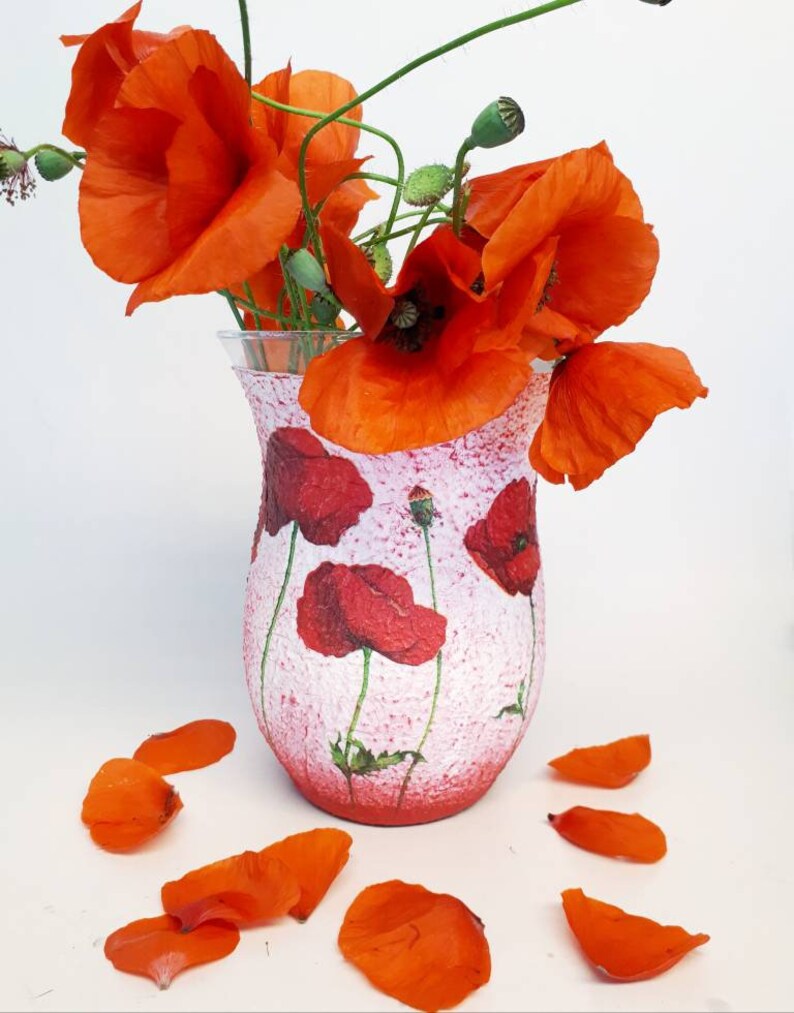 Red poppy vase floral kitchen decor decoupage table decor