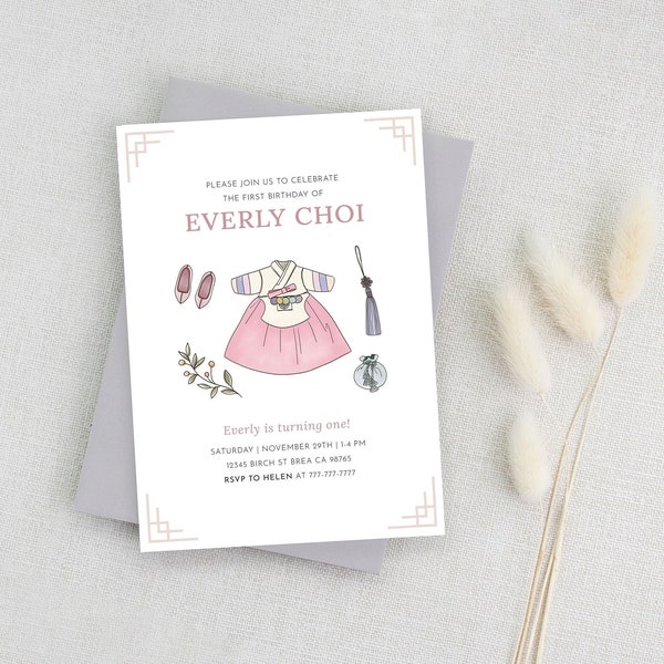 Dohl Invitation, Evite, Korean First Birthday Party, Modern Dohl, Girl Hanbok Invite, Korean Traditional Hanbok, Editable, INSTANT DOWNLOAD