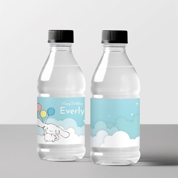 Cinnamo-roll Character Water Bottle Labels Rainbow Clouds Cute Bunny Birthday Party Decorations Kawaii Editable Template INSTANT DOWNLOAD