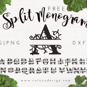 Puede incluir: Fuente de monograma dividida gratuita con un diseño floral decorativo. La fuente incluye letras mayúsculas de la A a la Z. El texto "FREE Split Monogram" y "SVG | PNG | DXF | EPS" se muestra en la parte superior de la imagen. El texto "www.caluyadesign.com" se muestra en la parte inferior de la imagen.
