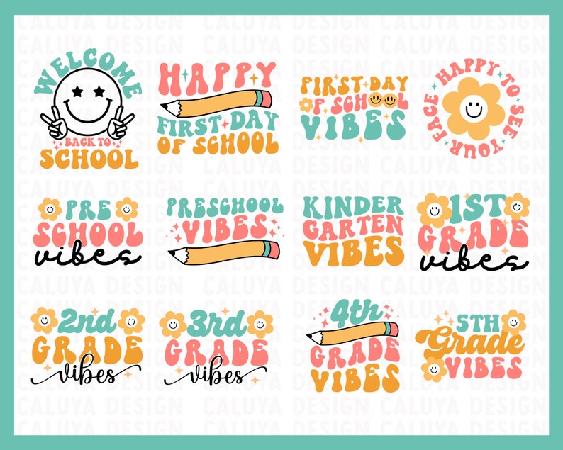 May include: A set of 12 colorful, retro-style graphics featuring text and illustrations related to school. The graphics include phrases like "Welcome Back to School", "Happy First Day of School", "Preschool Vibes", "Kindergarten Vibes", and "1st Grade Vibes".