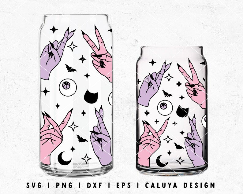 May include: Two clear glass tumblers with a white background and a repeating pattern of pink and purple hands making peace signs, black bats, black eyes, black cats, and black crescent moons.  The tumblers are perfect for Halloween parties or everyday use.