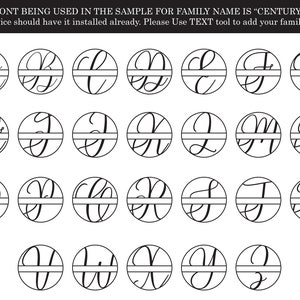 May include: A set of 26 black and white alphabet letters in a cursive font. Each letter is in a circle with a horizontal line through the center. The font is called "Century".