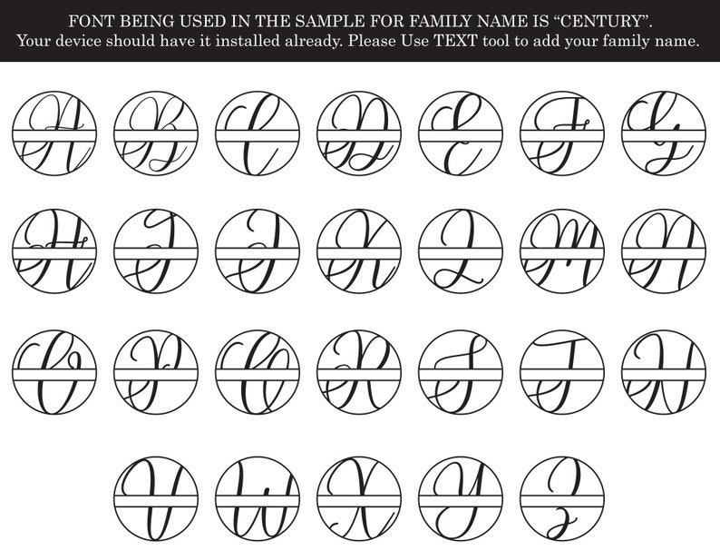 May include: A set of 26 black and white alphabet letters in a cursive font. Each letter is in a circle with a horizontal line through the center. The font is called "Century".