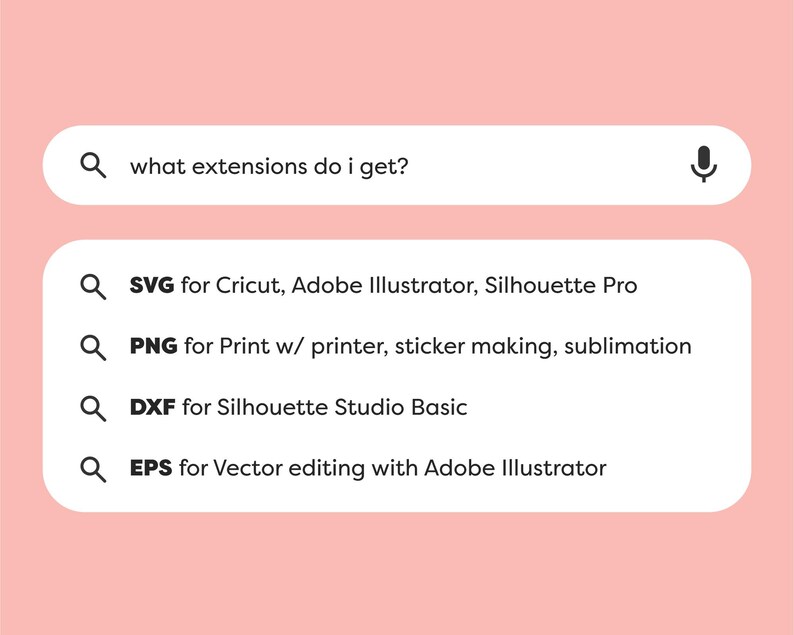 May include: A search bar with the text "what extensions do I get?" and a microphone icon. Below the search bar are four search results with magnifying glass icons and file extensions: SVG, PNG, DXF, and EPS. Each result includes a brief description of the file type and its use.