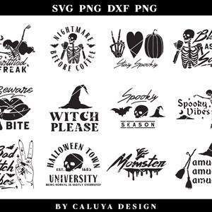 May include: A set of 10 black and white Halloween-themed SVG designs. The designs feature skeletons, witches, bats, pumpkins, and other spooky imagery. The text includes phrases like "Nightmare Before Coffee", "Stay Spooky", "Spooky Vibes", and "Witch Please".