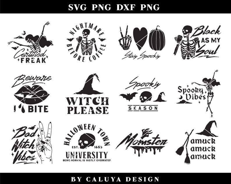 May include: A set of 10 black and white Halloween-themed SVG designs. The designs feature skeletons, witches, bats, pumpkins, and other spooky imagery. The text includes phrases like "Nightmare Before Coffee", "Stay Spooky", "Spooky Vibes", and "Witch Please".