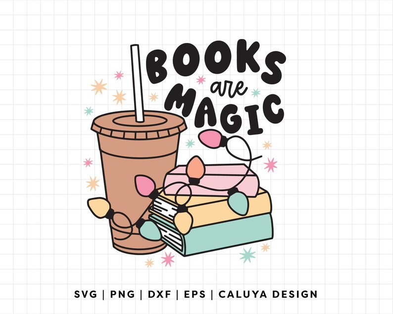 K&ouml;nnte beinhalten: Ein Grafikdesign mit einer Tasse Kaffee, einem Stapel B&uuml;cher und Lichterketten. Der Text "Books are magic" ist in schwarzen Buchstaben geschrieben.