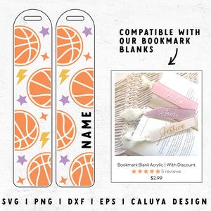 Könnte beinhalten: Zwei druckbare Lesezeichen-Designs mit einem Basketball-Muster mit orangefarbenen Basketbällen, gelben Blitzen und lila Sternen. Der Text "NAME" ist auf der rechten Seite des Designs enthalten. Der Text "COMPATIBLE WITH OUR BOOKMARK BLANKS" ist oben im Bild enthalten. Das Bild enthält auch ein Foto von drei rosa Acryl-Lesezeichen mit darauf geschriebenen Namen.