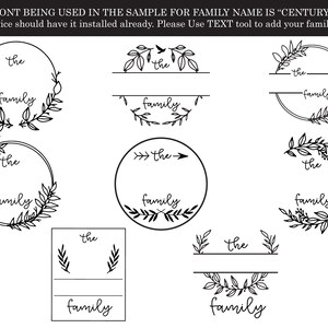 May include: Nine different black and white illustrations of floral wreaths with the words "the family" in a handwritten font. The wreaths are in various shapes and sizes, including circles, ovals, and rectangles.
