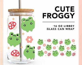 Cute Froggy  16oz Libbey Can Wrap SVG, Kawaii Frog SVG, Mushroom svg, Retro Flower Beer Glass Can svg, Frog Sublimation Design, Kids Shirt