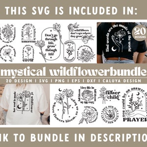 K&ouml;nnte beinhalten: Ein digitales Download-Paket mit 20 Schwarzwei&szlig;-SVG-Designs mit Wildblumen, inspirierenden Zitaten und floralen Illustrationen. Der Text "mystical wildflowerbundle" wird in der Mitte des Bildes angezeigt.