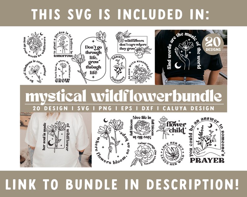 K&ouml;nnte beinhalten: Ein digitales Download-Paket mit 20 Schwarzwei&szlig;-SVG-Designs mit Wildblumen, inspirierenden Zitaten und floralen Illustrationen. Der Text "mystical wildflowerbundle" wird in der Mitte des Bildes angezeigt.
