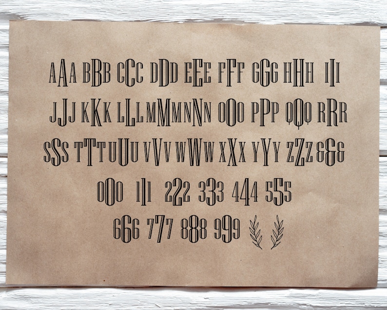 May include: A printed sheet of paper with black uppercase letters and numbers in a decorative font. The letters range from A to Z, and the numbers are from 0 to 9. The paper has a brown, aged appearance.