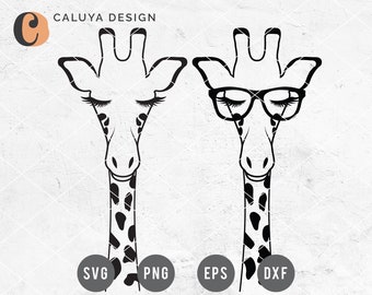 May include: Two black and white line drawings of giraffes with eyelashes. One giraffe is wearing glasses. The text "CALUYA DESIGN" is at the top of the image.