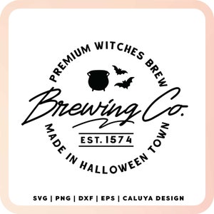 May include: Black and white logo for a brewery called "Brewing Co." with the text "Premium Witches Brew" and "Made in Halloween Town" around a cauldron with bats. The logo also includes the text "Est. 1574".