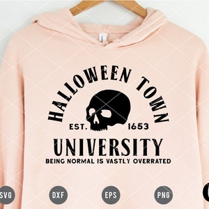 May include: A pink hoodie with a black graphic design that says "Halloween Town University Est. 1653" with a skull graphic and the text "Being normal is vastly overrated".