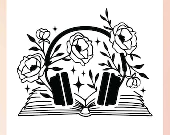 Audiobook Lover SVG | Book Sticker SVG | Book Lover SVG | Floral Book svg | Book with Flower svg | Headphone svg, svg for audiobook listener