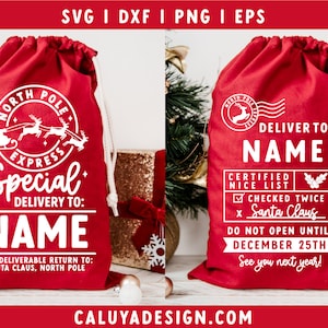 May include: Red fabric gift bag with a white design. The bag has a drawstring closure and features a North Pole Express design with reindeer and a sleigh. The text reads "Special Delivery to: NAME" and "If undeliverable return to: Santa Claus, North Pole".