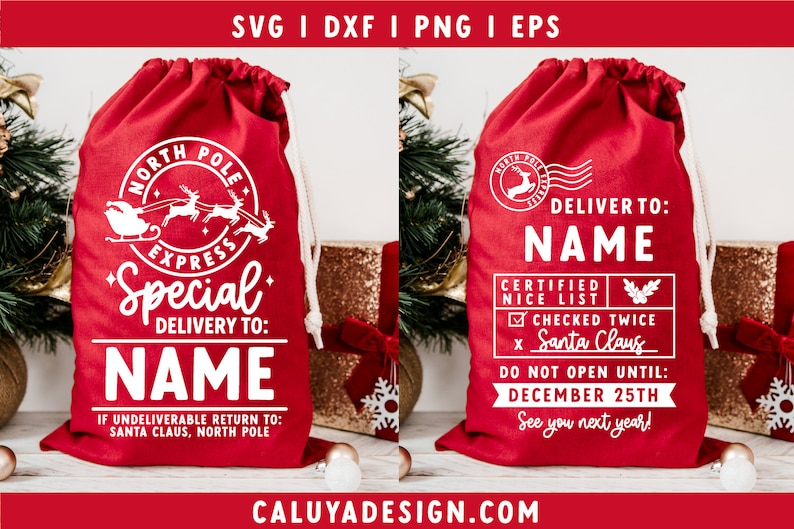 May include: Red fabric gift bag with a white design. The bag has a drawstring closure and features a North Pole Express design with reindeer and a sleigh. The text reads "Special Delivery to: NAME" and "If undeliverable return to: Santa Claus, North Pole".